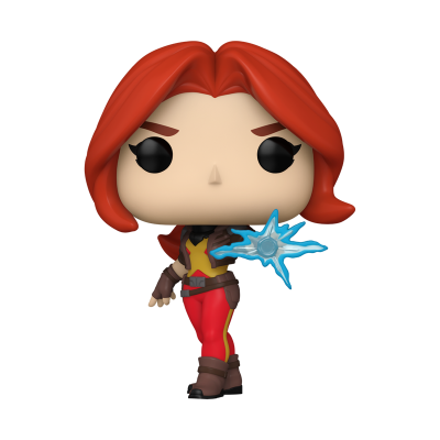 Figura Funko Pop com cabelo vermelho, roupa vermelha e castanha, com efeito azul translúcido na mão