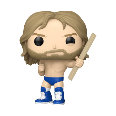 Figura colecionável tipo Funko Pop com cabelo, barba castanhos, calções e botas azuis segurando um taco.