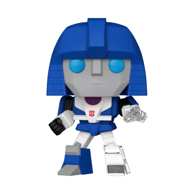 Boneco Funko Pop de robô azul branco cinzento com símbolo Autobots vermelho no peito