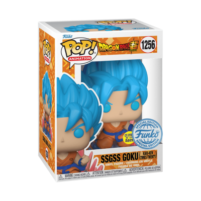 Figura Funko Pop! Animation SSGSS Goku com cabelo azul e roupa laranja em embalagem branca e laranja