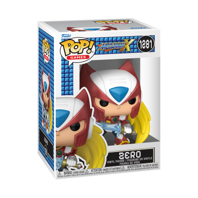 Funko Pop figura de vinil Zero do Mega Man X com capacete branco e vermelho, espada, asas amarelas, em caixa branca e azul.