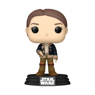Figura Funko Pop de personagem feminina de Star Wars com base preta e logo
