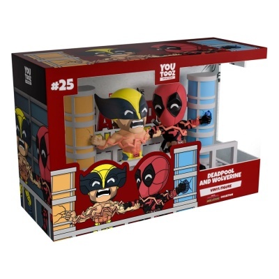 Caixa vermelha com figuras de vinil Deadpool e Wolverine expostas