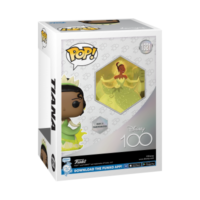 Caixa Funko Pop! de Tiana da Disney 100, figura nº 1321, embalagem branca com janela
