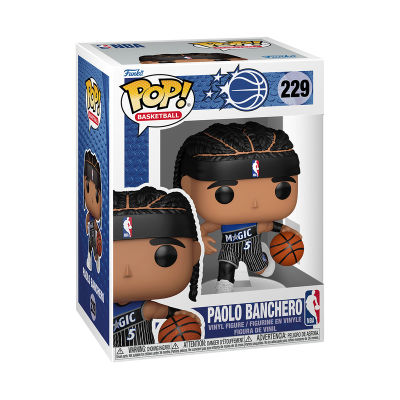 Funko Pop de Paolo Banchero com uniforme do Orlando Magic e bola de basquetebol na caixa