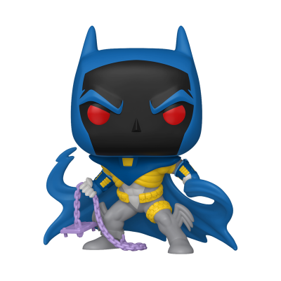Figura Funko Pop com máscara azul e preta, olhos vermelhos, roupa cinzenta e amarela, capa azul e corrente roxa