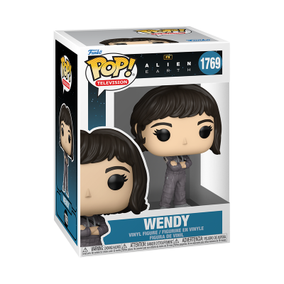 Figura Wendy Funko Pop em caixa com fundo branco e detalhes em azul e preto.