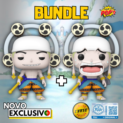 Duas figuras Funko Pop com chapéus brancos e roupas coloridas, em fundo desfocado com texto promocional