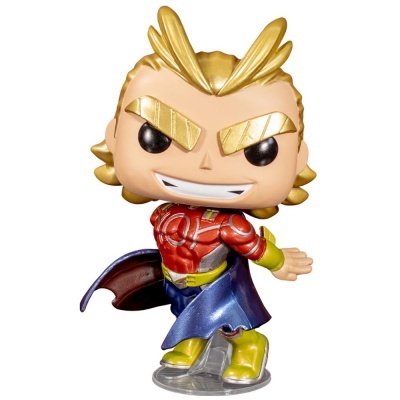 Figura Funko Pop personagem All Might de My Hero Academia com capa azul e traje vermelho