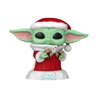 Figura Funko Pop Baby Yoda com traje de Pai Natal e base com texto STAR WARS