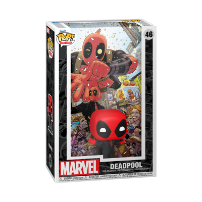 Figura Funko Pop! Marvel de Deadpool na caixa com ilustração urbana e multidão