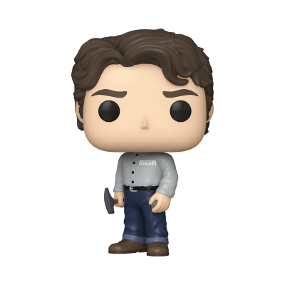 Figura Funko Pop de homem com camisa cinza e calças azuis