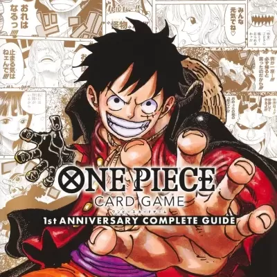 Capa de guia comemorativo do jogo de cartas ONE PIECE com personagem Luffy em destaque.