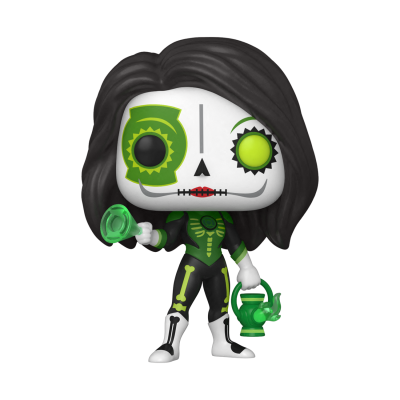 Boneco Funko Pop com rosto de caveira e acessórios verdes.