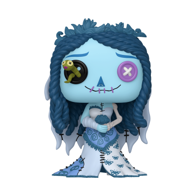 Boneca estilizada azul com cabelo trançado, olhos botão, vestido branco e azul e segurando bouquet azul