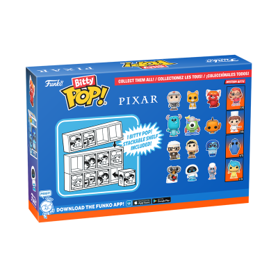 Caixa azul Funko Pop! Bitty Pixar com figuras colecionáveis e texto promocional