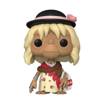 Funko Pop E.T. com cabelo loiro, chapéu preto rosa, vestido floral, echarpe castanha e bolsa branca