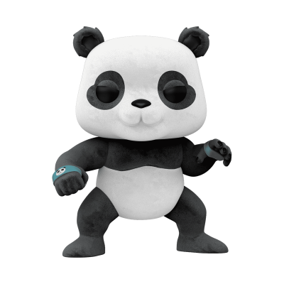 Figura colecionável de panda estilizado em preto e branco com bracelete azul no pulso direito