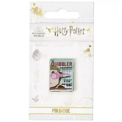 Pin badge Harry Potter revista The Quibbler em embalagem branca com textos dourados