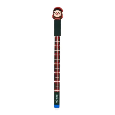 Caneta esferográfica com padrão xadrez e personagem no topo