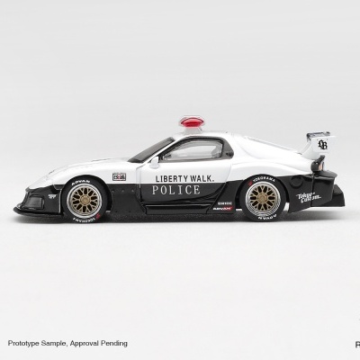 Miniatura de carro desportivo preto e branco com luz de polícia e texto Liberty Walk Police