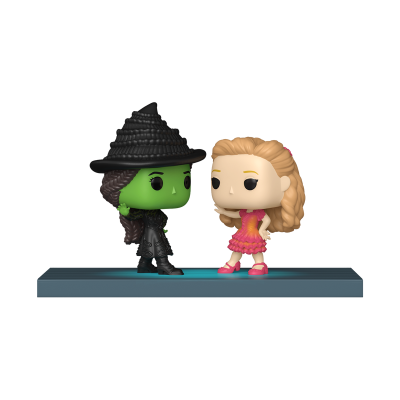 Duas figuras Funko Pop, uma bruxa verde com chapéu preto e outra loira com vestido e sapatos cor-de-rosa