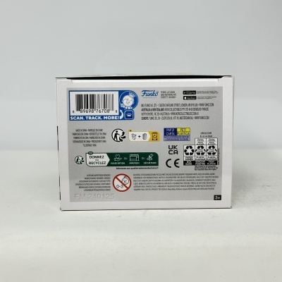 Caixa branca com código de barras, logo Funko e avisos de reciclagem