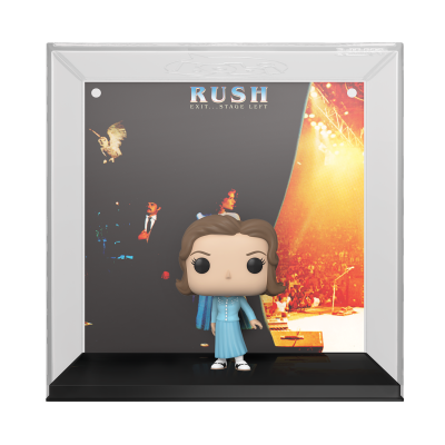 Figura Funko Pop da banda Rush com suporte e fundo colorido