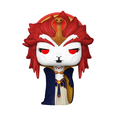 Figura Funko Pop com cabelo vermelho em forma de chamas e vestido azul e branco.