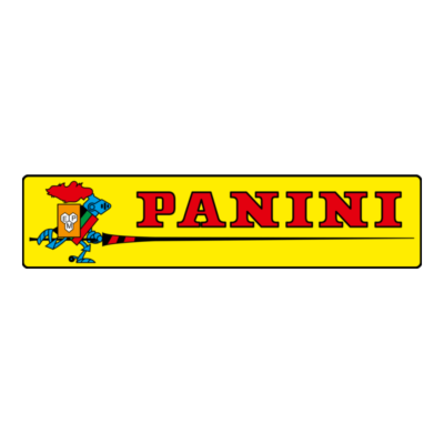 Logotipo amarelo com texto vermelho PANINI e desenho de cavaleiro azul e vermelho