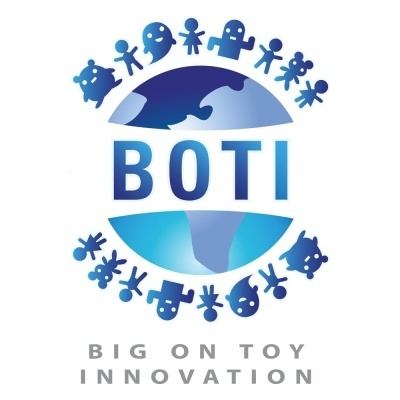 Logotipo azul com globo e figuras de robôs e bonecos em círculo com texto BOTI e slogan