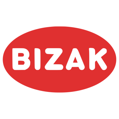 Logotipo BIZAK em letras brancas dentro de oval vermelho