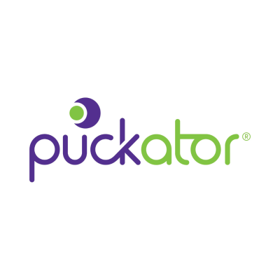 Logótipo da marca puckator com cores roxa e verde