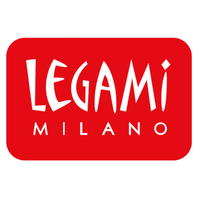 Logótipo LEGAMI MILANO em letras brancas sobre fundo vermelho