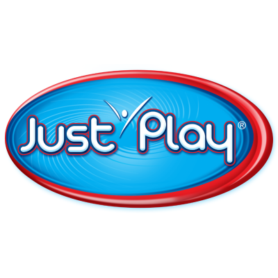 Logótipo Just Play com fundo azul e borda vermelha