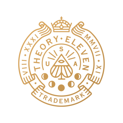 Logótipo circular dourado THEORY ELEVEN com símbolos e números romanos