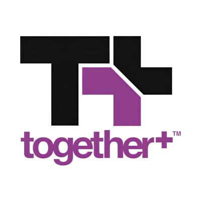 Logo com as letras T e L preto e roxo e palavra together+