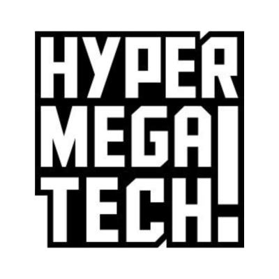 Texto em branco sobre fundo preto com as palavras HYPER MEGA TECH!