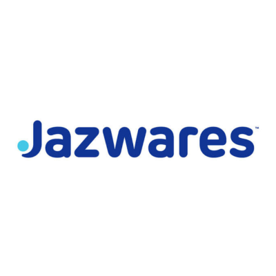 Logótipo da marca Jazwares em azul com ponto azul claro no J