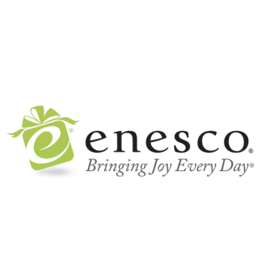 Logótipo da Enesco com símbolo verde de presente e texto promocional.