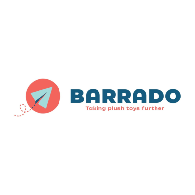 Logótipo BARRADO com avião de papel azul claro e texto em azul escuro e coral