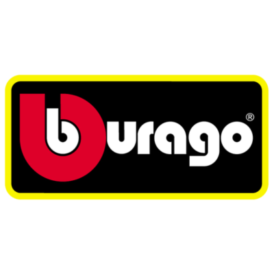Logótipo da marca Bburago com fundo preto e borda amarela