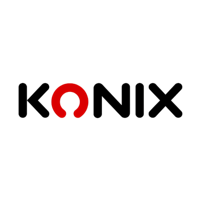 Logotipo KONIX com letras pretas e O vermelho em fundo branco