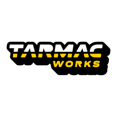 Logótipo TARMAC WORKS em branco, amarelo e preto sobre fundo branco