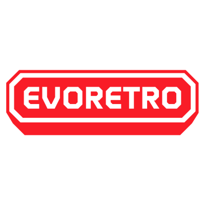 Logótipo EVORETRO em branco sobre fundo vermelho com bordas octogonais