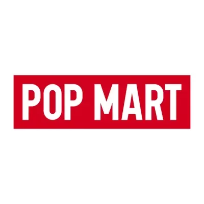 Logótipo POP MART em fundo vermelho e texto branco