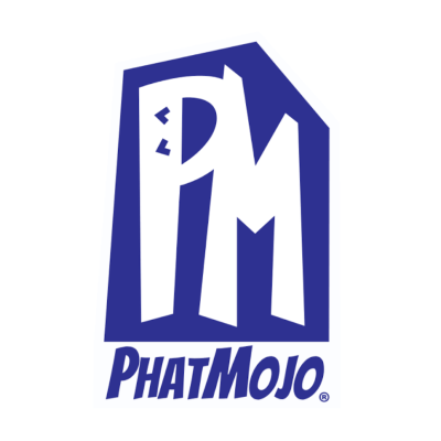 Logotipo azul e branco da marca PHATMOJO com letras PM e texto nome