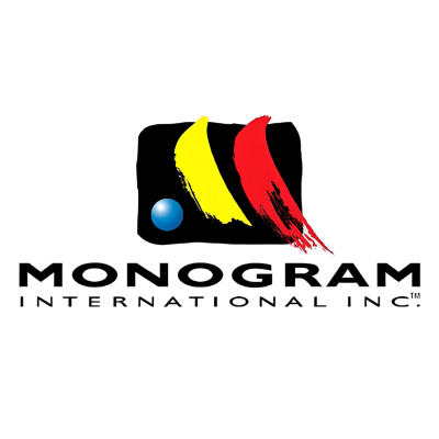 Logotipo MONOGRAM INTERNATIONAL INC. com pinceladas amarelo e vermelho e círculo azul sobre fundo branco