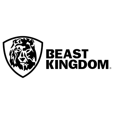 Logótipo preto e branco com leão estilizado e texto BEAST KINGDOM