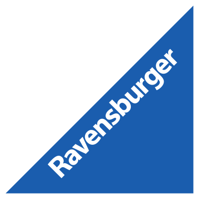 Logótipo da Ravensburger em branco sobre fundo azul e triângulo preto